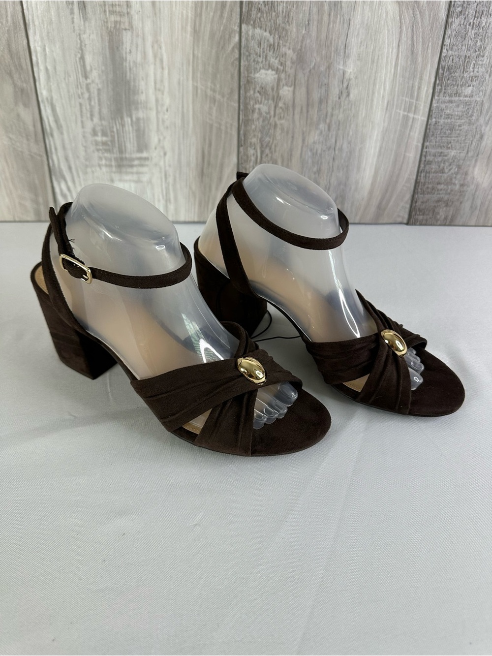 Women’s Dark Brown Suede Block Heel Sandals with Ankle Strap -9.5